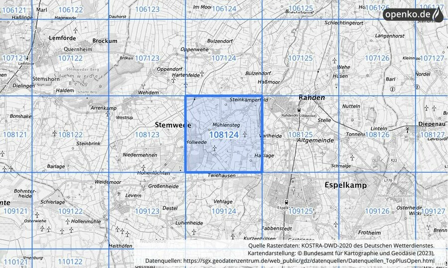 Übersichtskarte des KOSTRA-DWD-2020-Rasterfeldes Nr. 108124