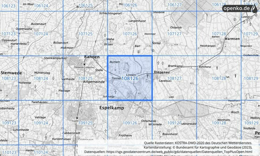 Übersichtskarte des KOSTRA-DWD-2020-Rasterfeldes Nr. 108126