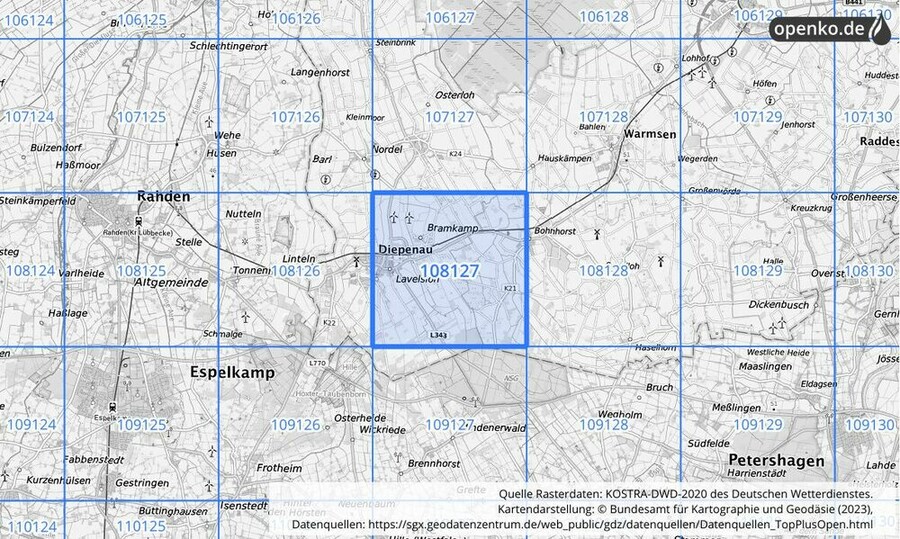 Übersichtskarte des KOSTRA-DWD-2020-Rasterfeldes Nr. 108127