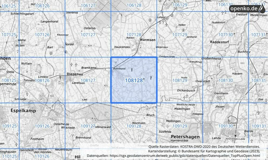 Übersichtskarte des KOSTRA-DWD-2020-Rasterfeldes Nr. 108128