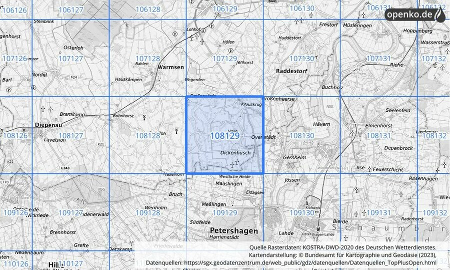 Übersichtskarte des KOSTRA-DWD-2020-Rasterfeldes Nr. 108129