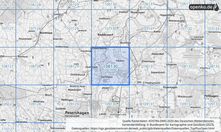 Übersichtskarte des KOSTRA-DWD-2020-Rasterfeldes Nr. 108130