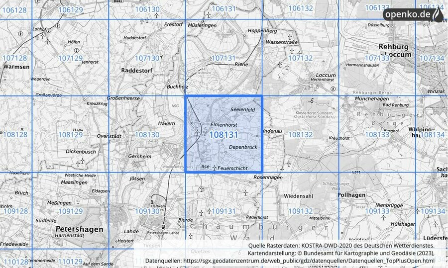 Übersichtskarte des KOSTRA-DWD-2020-Rasterfeldes Nr. 108131