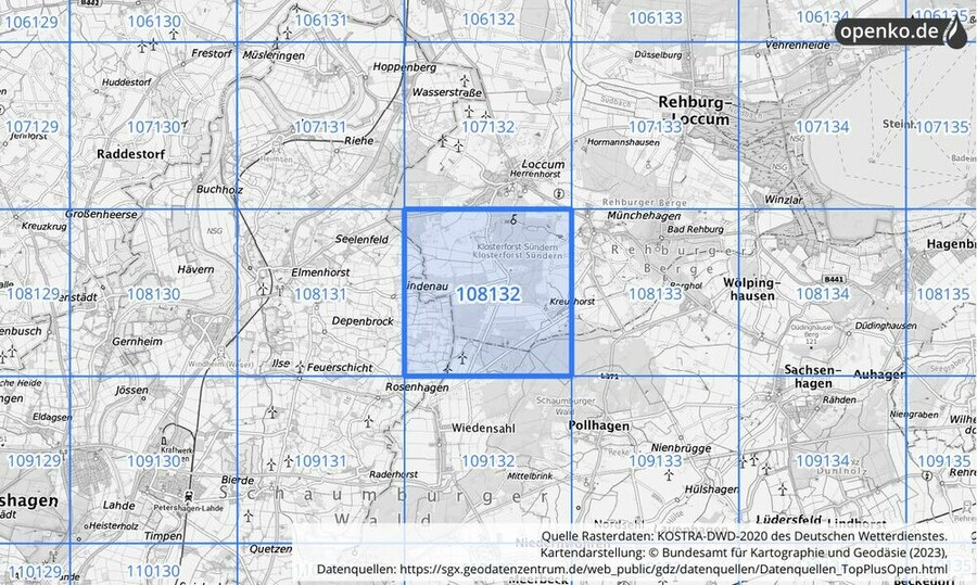 Übersichtskarte des KOSTRA-DWD-2020-Rasterfeldes Nr. 108132