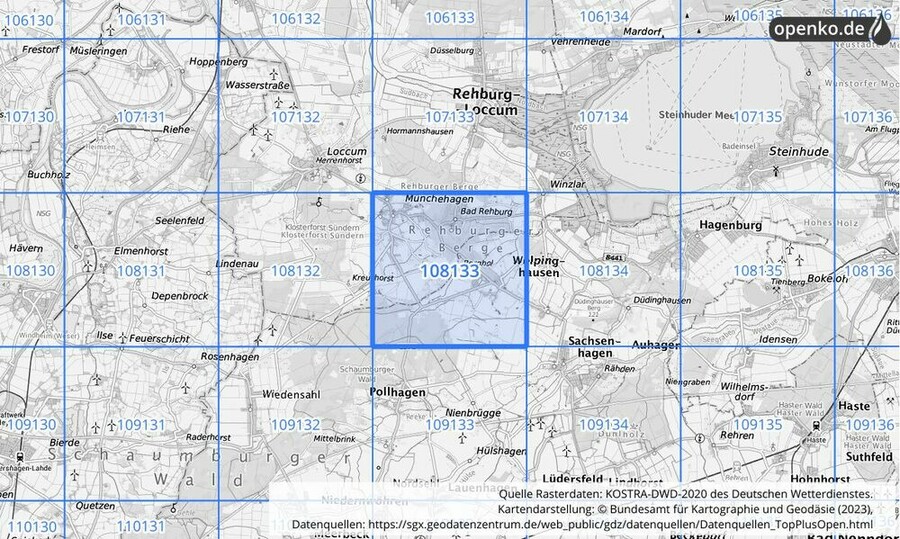 Übersichtskarte des KOSTRA-DWD-2020-Rasterfeldes Nr. 108133