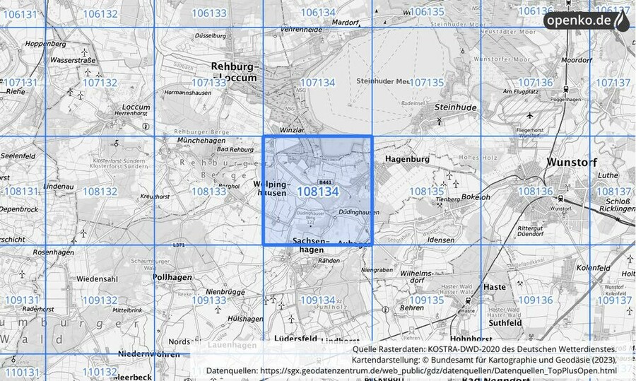 Übersichtskarte des KOSTRA-DWD-2020-Rasterfeldes Nr. 108134