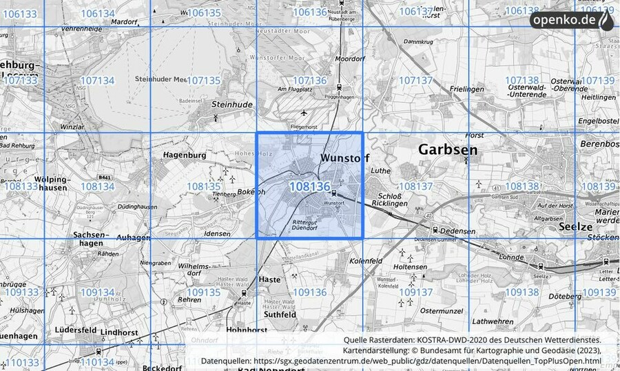 Übersichtskarte des KOSTRA-DWD-2020-Rasterfeldes Nr. 108136