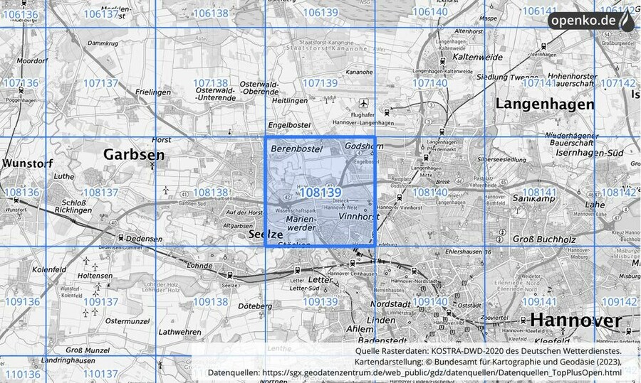 Übersichtskarte des KOSTRA-DWD-2020-Rasterfeldes Nr. 108139