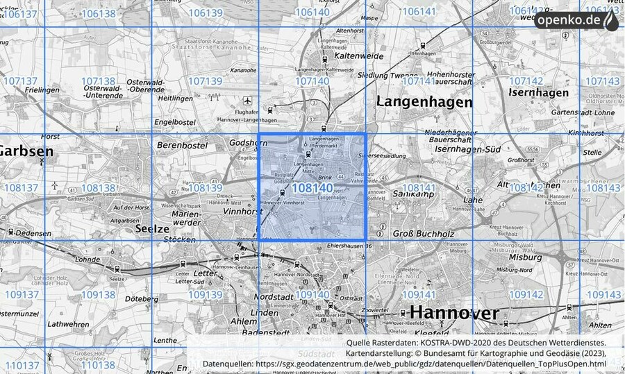 Übersichtskarte des KOSTRA-DWD-2020-Rasterfeldes Nr. 108140