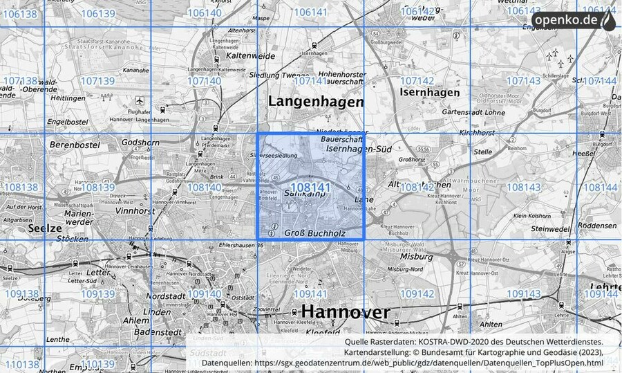 Übersichtskarte des KOSTRA-DWD-2020-Rasterfeldes Nr. 108141