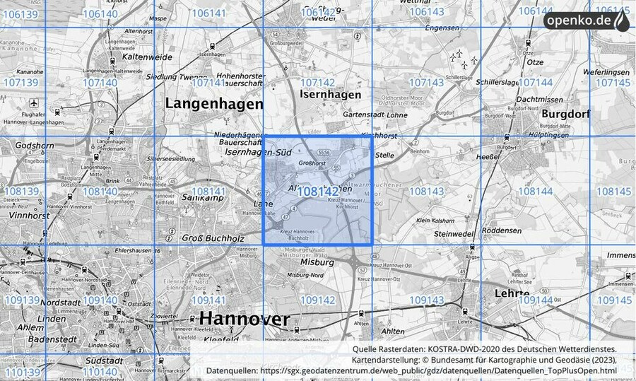 Übersichtskarte des KOSTRA-DWD-2020-Rasterfeldes Nr. 108142