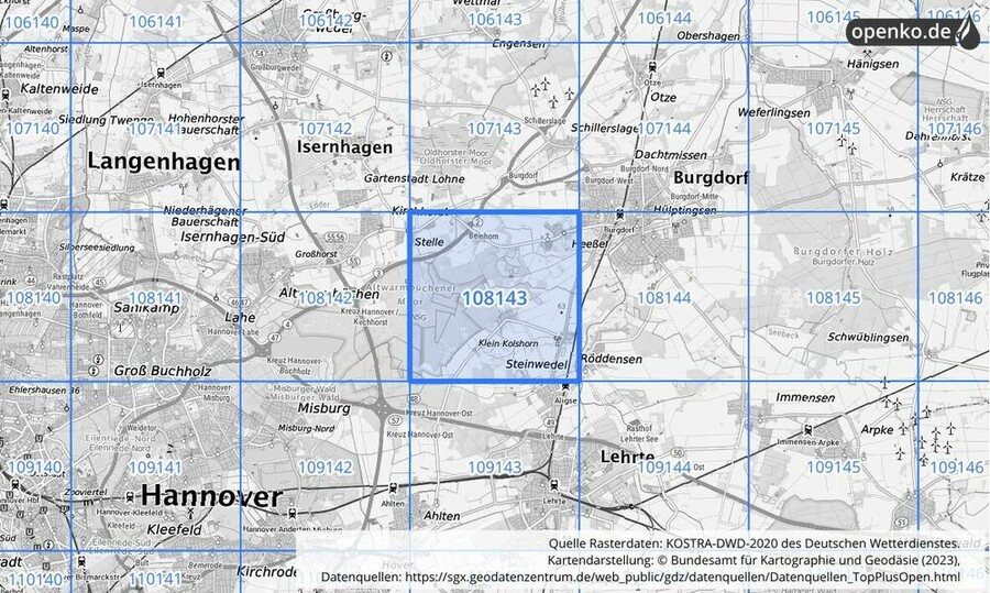 Übersichtskarte des KOSTRA-DWD-2020-Rasterfeldes Nr. 108143