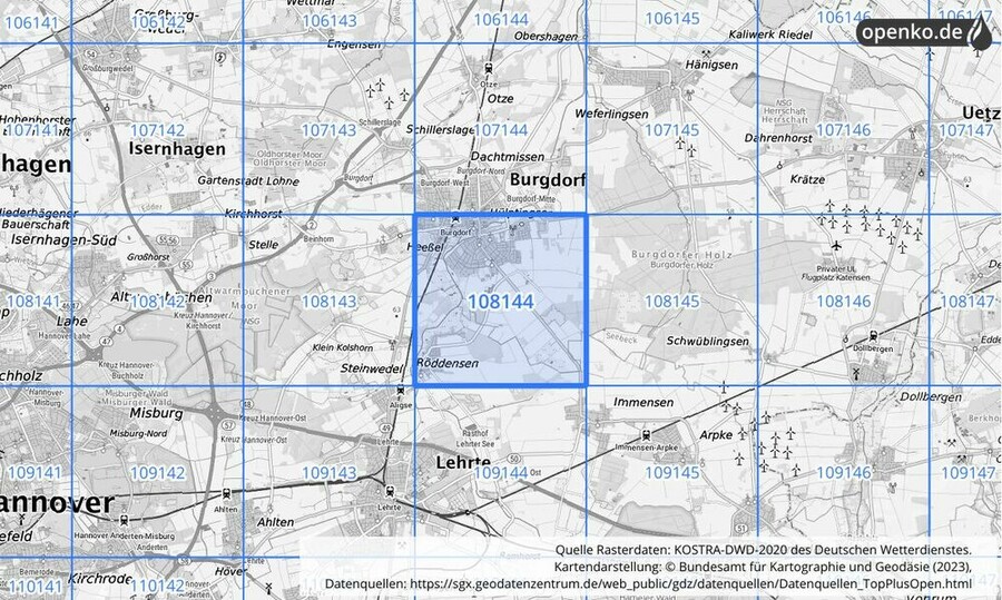 Übersichtskarte des KOSTRA-DWD-2020-Rasterfeldes Nr. 108144