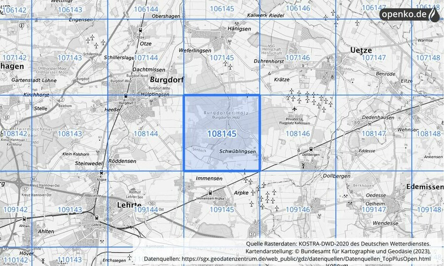 Übersichtskarte des KOSTRA-DWD-2020-Rasterfeldes Nr. 108145