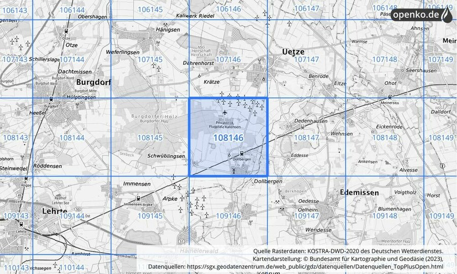 Übersichtskarte des KOSTRA-DWD-2020-Rasterfeldes Nr. 108146