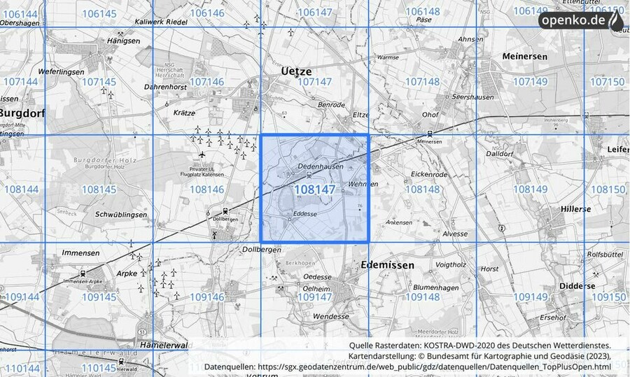 Übersichtskarte des KOSTRA-DWD-2020-Rasterfeldes Nr. 108147