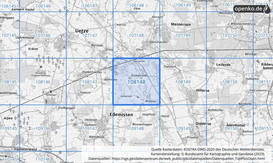 Übersichtskarte des KOSTRA-DWD-2020-Rasterfeldes Nr. 108148