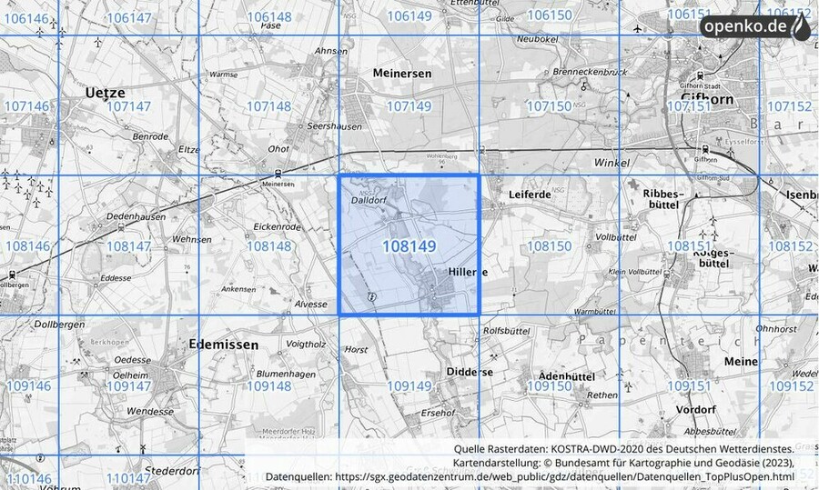 Übersichtskarte des KOSTRA-DWD-2020-Rasterfeldes Nr. 108149