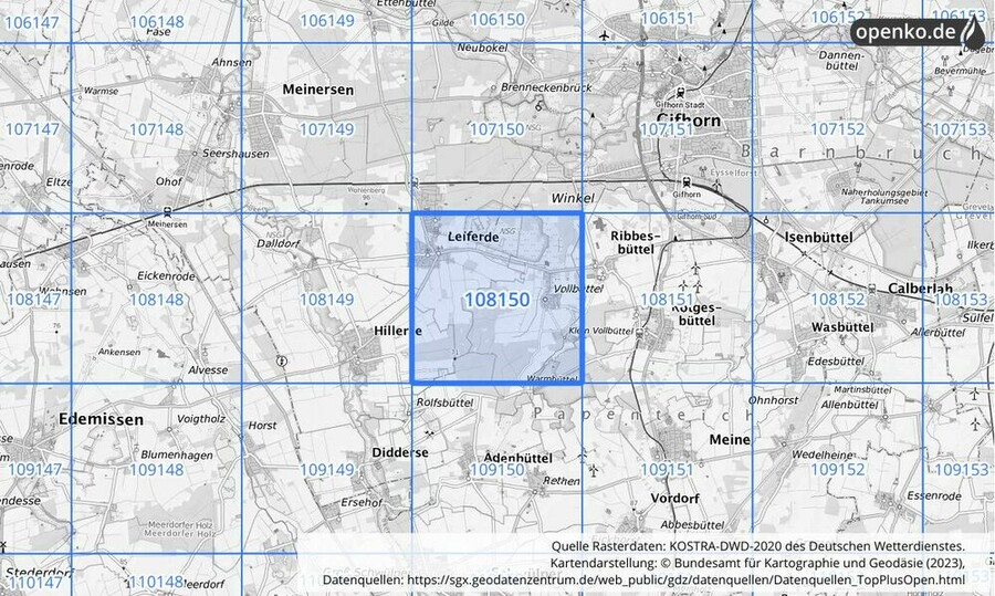 Übersichtskarte des KOSTRA-DWD-2020-Rasterfeldes Nr. 108150