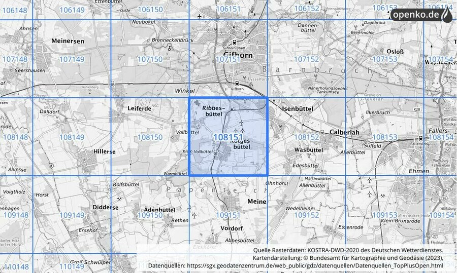 Übersichtskarte des KOSTRA-DWD-2020-Rasterfeldes Nr. 108151