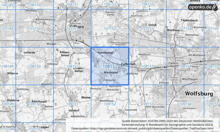 Übersichtskarte des KOSTRA-DWD-2020-Rasterfeldes Nr. 108152