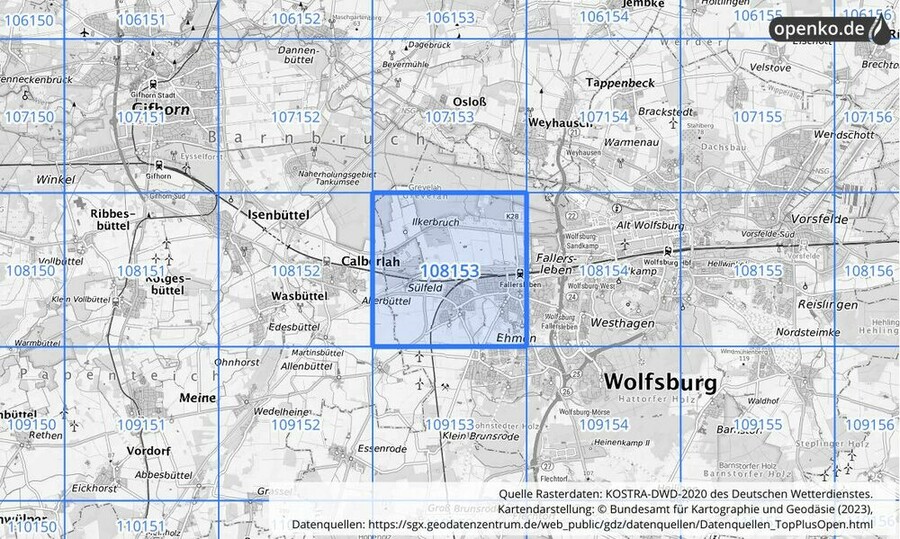 Übersichtskarte des KOSTRA-DWD-2020-Rasterfeldes Nr. 108153