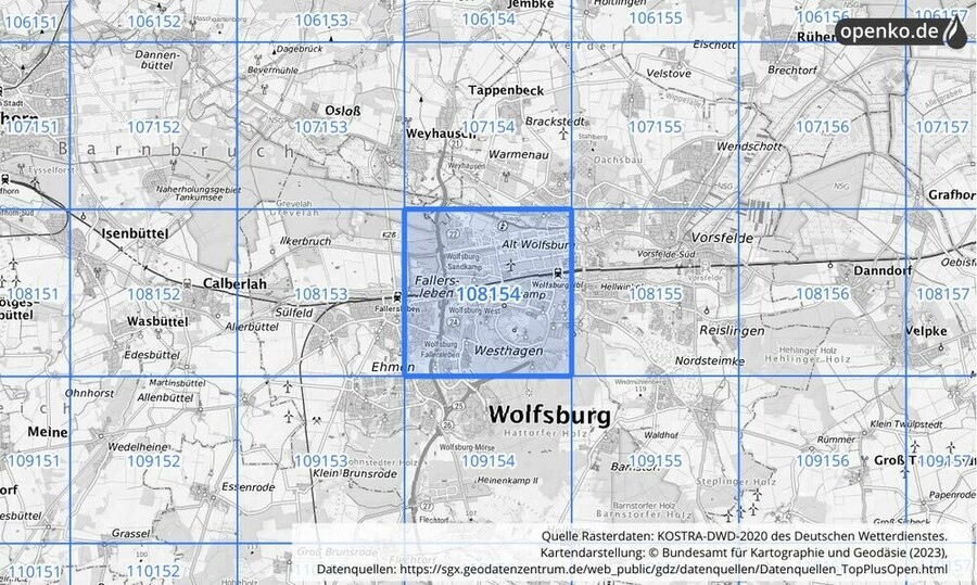 Übersichtskarte des KOSTRA-DWD-2020-Rasterfeldes Nr. 108154