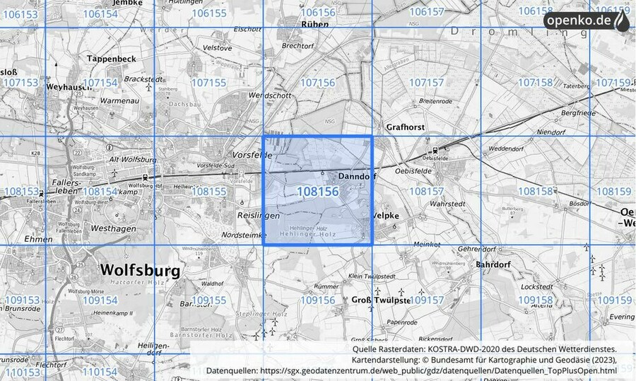 Übersichtskarte des KOSTRA-DWD-2020-Rasterfeldes Nr. 108156