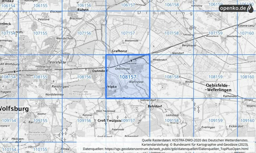 Übersichtskarte des KOSTRA-DWD-2020-Rasterfeldes Nr. 108157