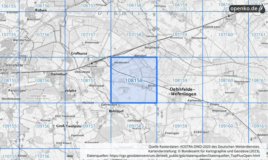 Übersichtskarte des KOSTRA-DWD-2020-Rasterfeldes Nr. 108158