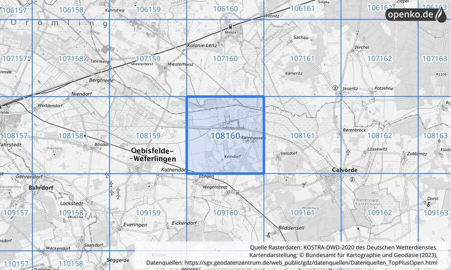 Übersichtskarte des KOSTRA-DWD-2020-Rasterfeldes Nr. 108160