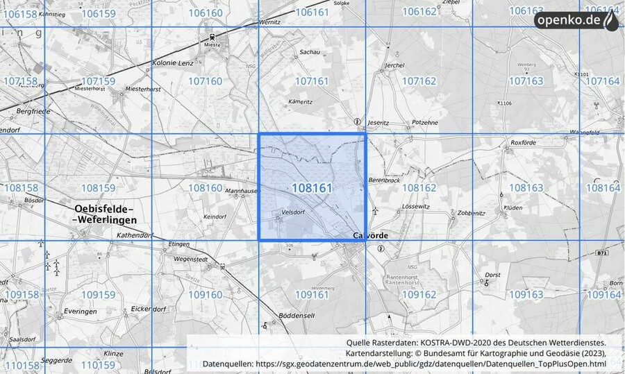 Übersichtskarte des KOSTRA-DWD-2020-Rasterfeldes Nr. 108161