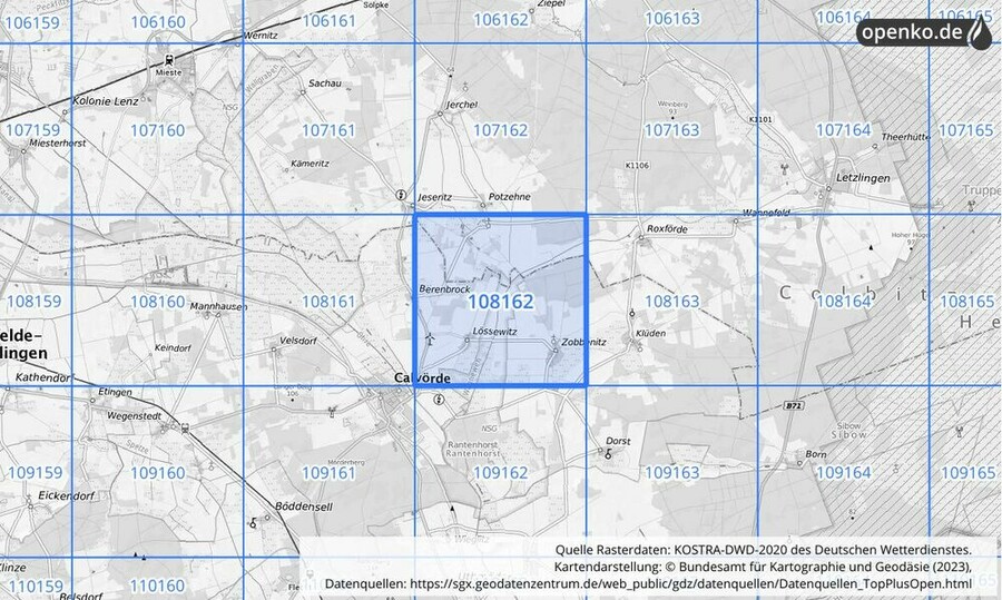 Übersichtskarte des KOSTRA-DWD-2020-Rasterfeldes Nr. 108162