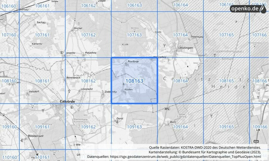 Übersichtskarte des KOSTRA-DWD-2020-Rasterfeldes Nr. 108163