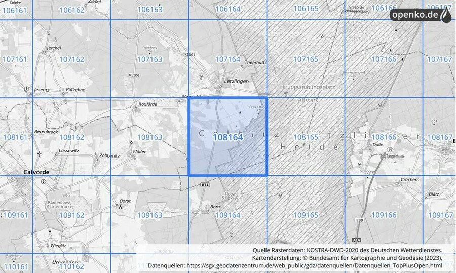 Übersichtskarte des KOSTRA-DWD-2020-Rasterfeldes Nr. 108164