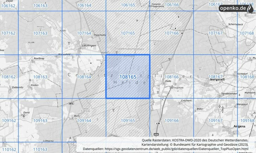 Übersichtskarte des KOSTRA-DWD-2020-Rasterfeldes Nr. 108165