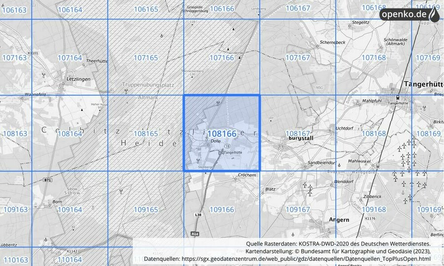 Übersichtskarte des KOSTRA-DWD-2020-Rasterfeldes Nr. 108166