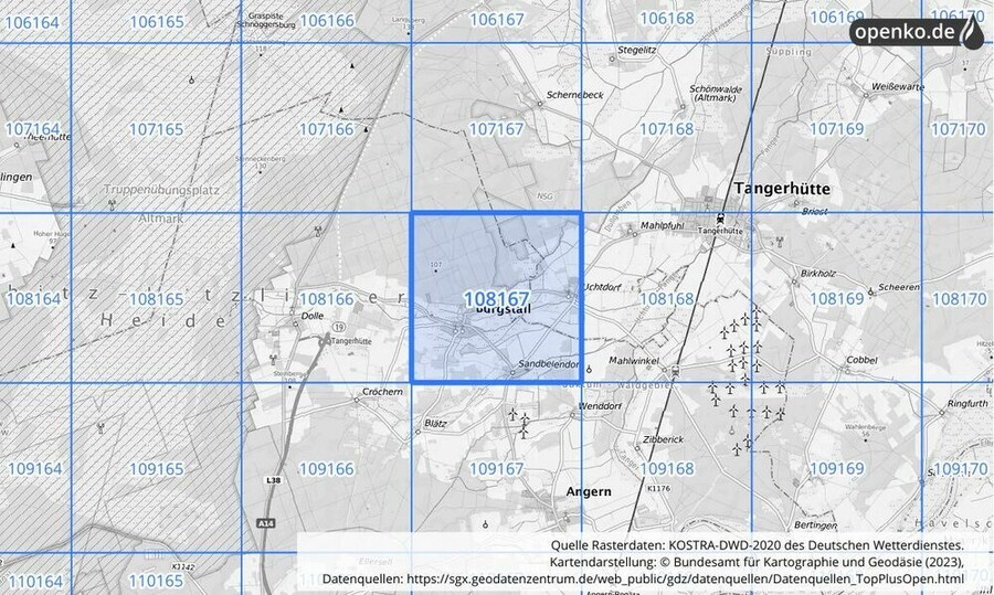 Übersichtskarte des KOSTRA-DWD-2020-Rasterfeldes Nr. 108167