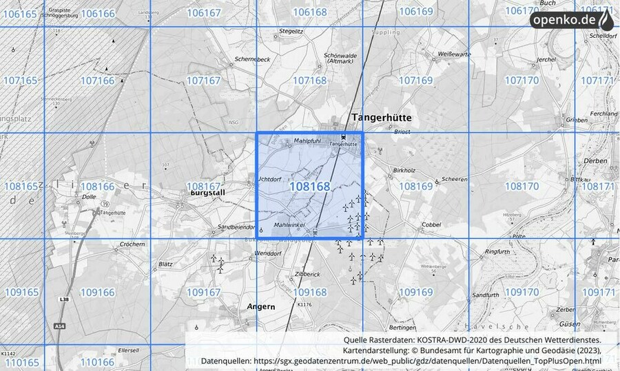 Übersichtskarte des KOSTRA-DWD-2020-Rasterfeldes Nr. 108168