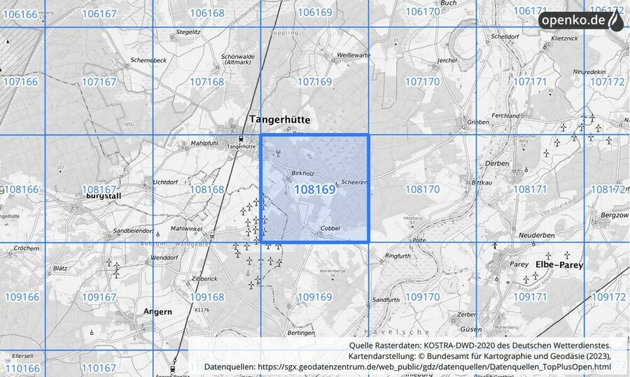 Übersichtskarte des KOSTRA-DWD-2020-Rasterfeldes Nr. 108169