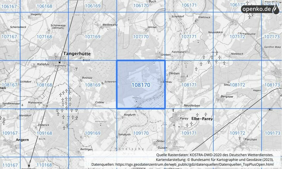 Übersichtskarte des KOSTRA-DWD-2020-Rasterfeldes Nr. 108170