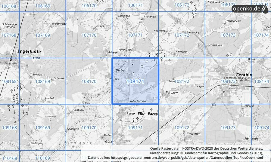 Übersichtskarte des KOSTRA-DWD-2020-Rasterfeldes Nr. 108171