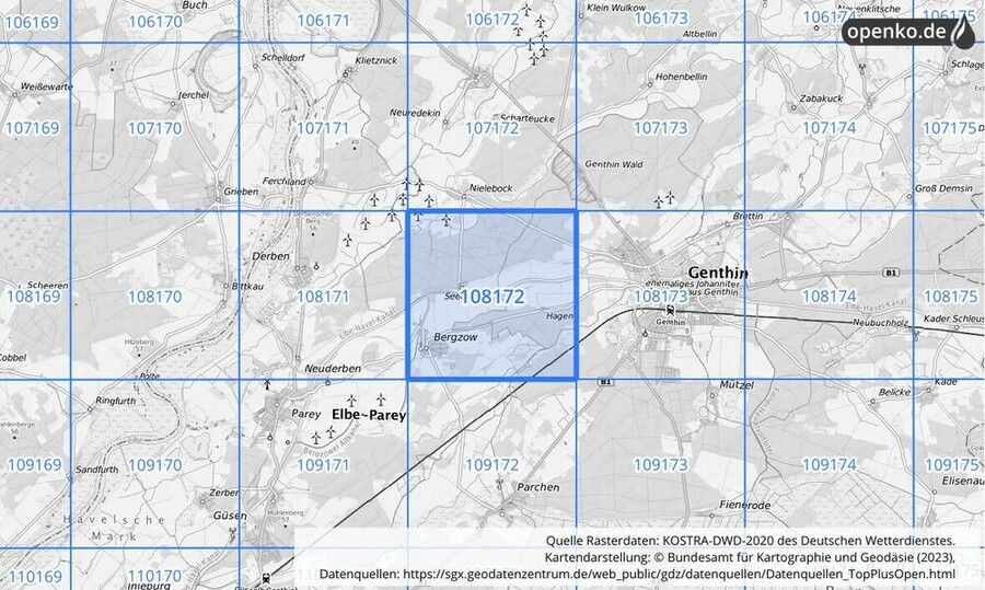 Übersichtskarte des KOSTRA-DWD-2020-Rasterfeldes Nr. 108172