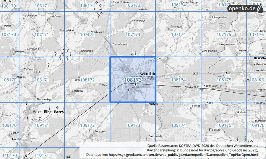 Übersichtskarte des KOSTRA-DWD-2020-Rasterfeldes Nr. 108173