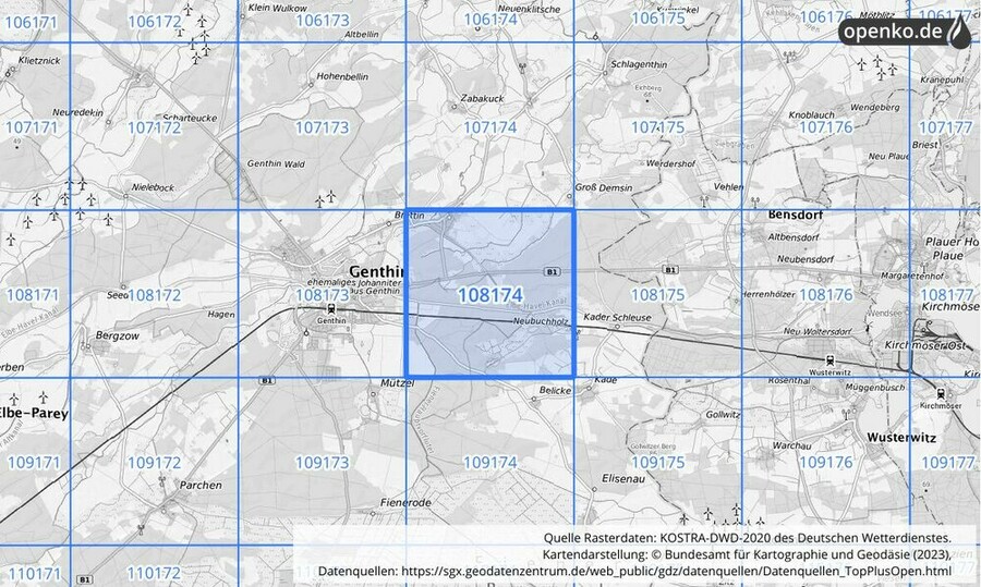 Übersichtskarte des KOSTRA-DWD-2020-Rasterfeldes Nr. 108174