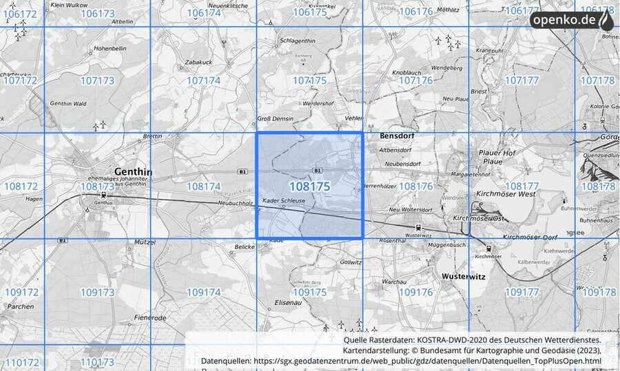 Übersichtskarte des KOSTRA-DWD-2020-Rasterfeldes Nr. 108175