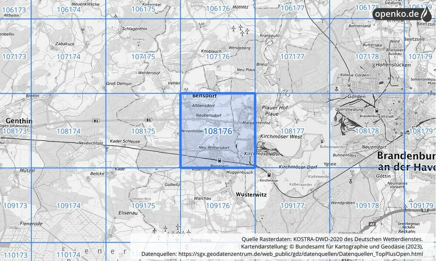 Übersichtskarte des KOSTRA-DWD-2020-Rasterfeldes Nr. 108176