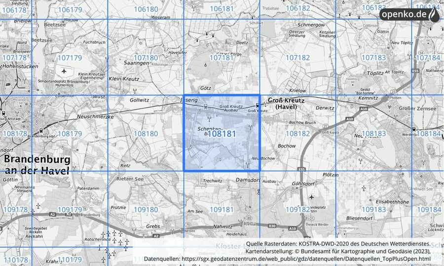 Übersichtskarte des KOSTRA-DWD-2020-Rasterfeldes Nr. 108181