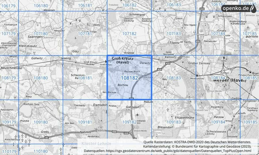 Übersichtskarte des KOSTRA-DWD-2020-Rasterfeldes Nr. 108182