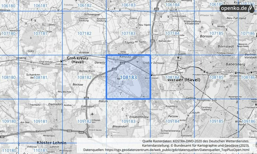 Übersichtskarte des KOSTRA-DWD-2020-Rasterfeldes Nr. 108183